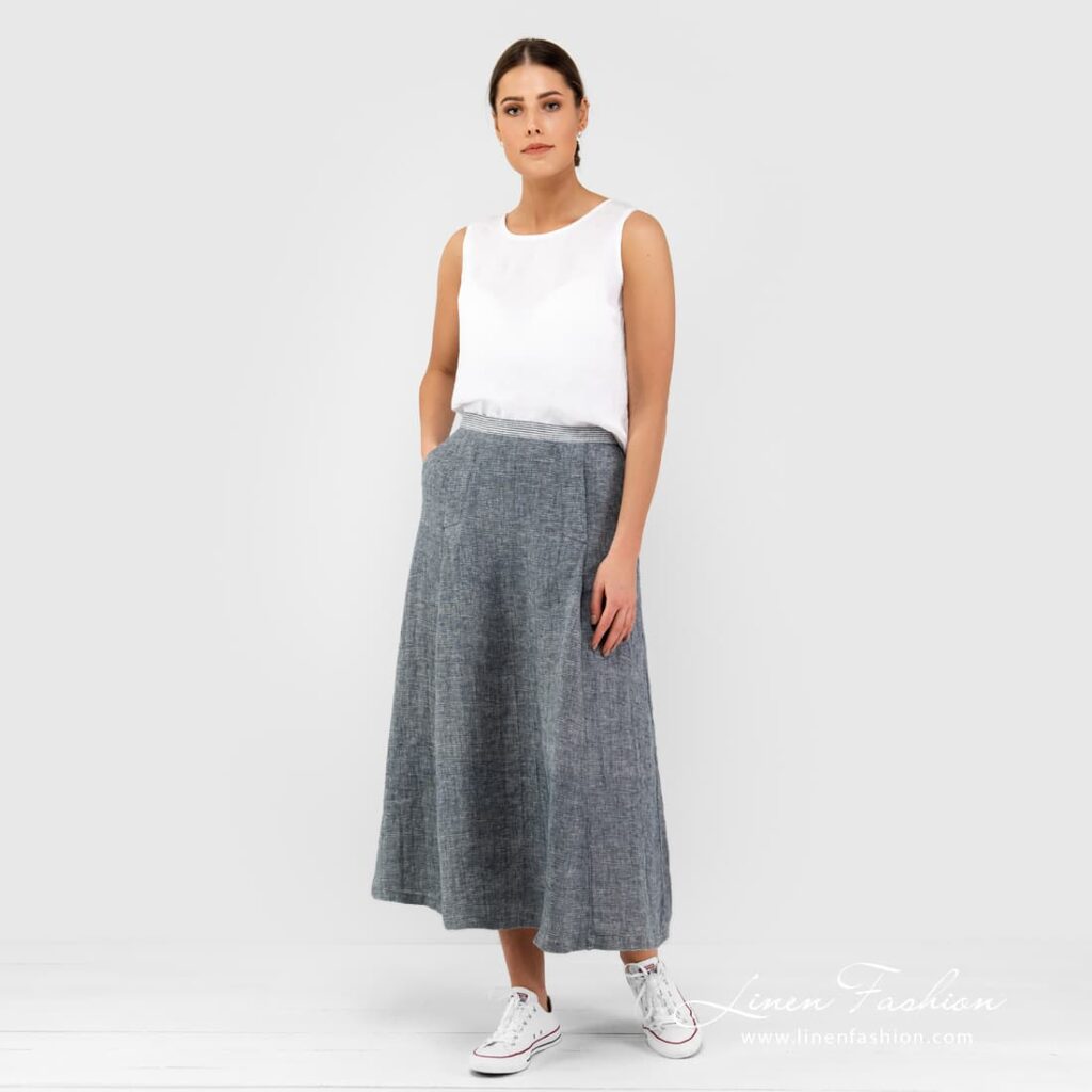 Blue skirt striped waist.