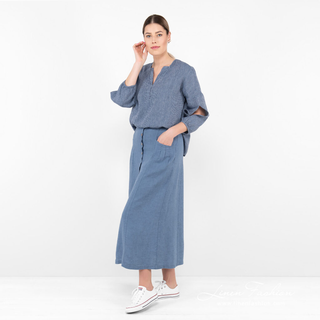 blue long linen skirt, full view.