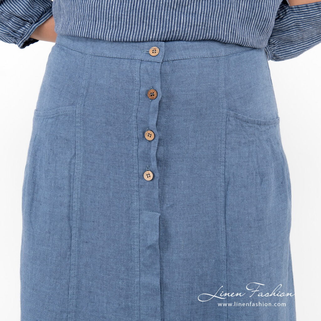 blue long linen skirt with buttons.