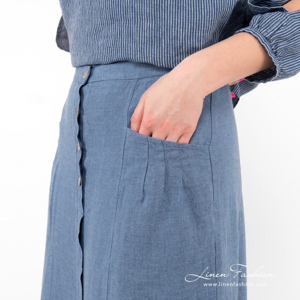 blue long linen skirt with pockets.