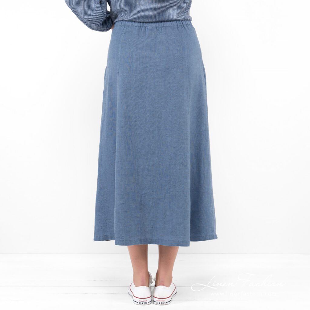 blue long linen skirt from backside.
