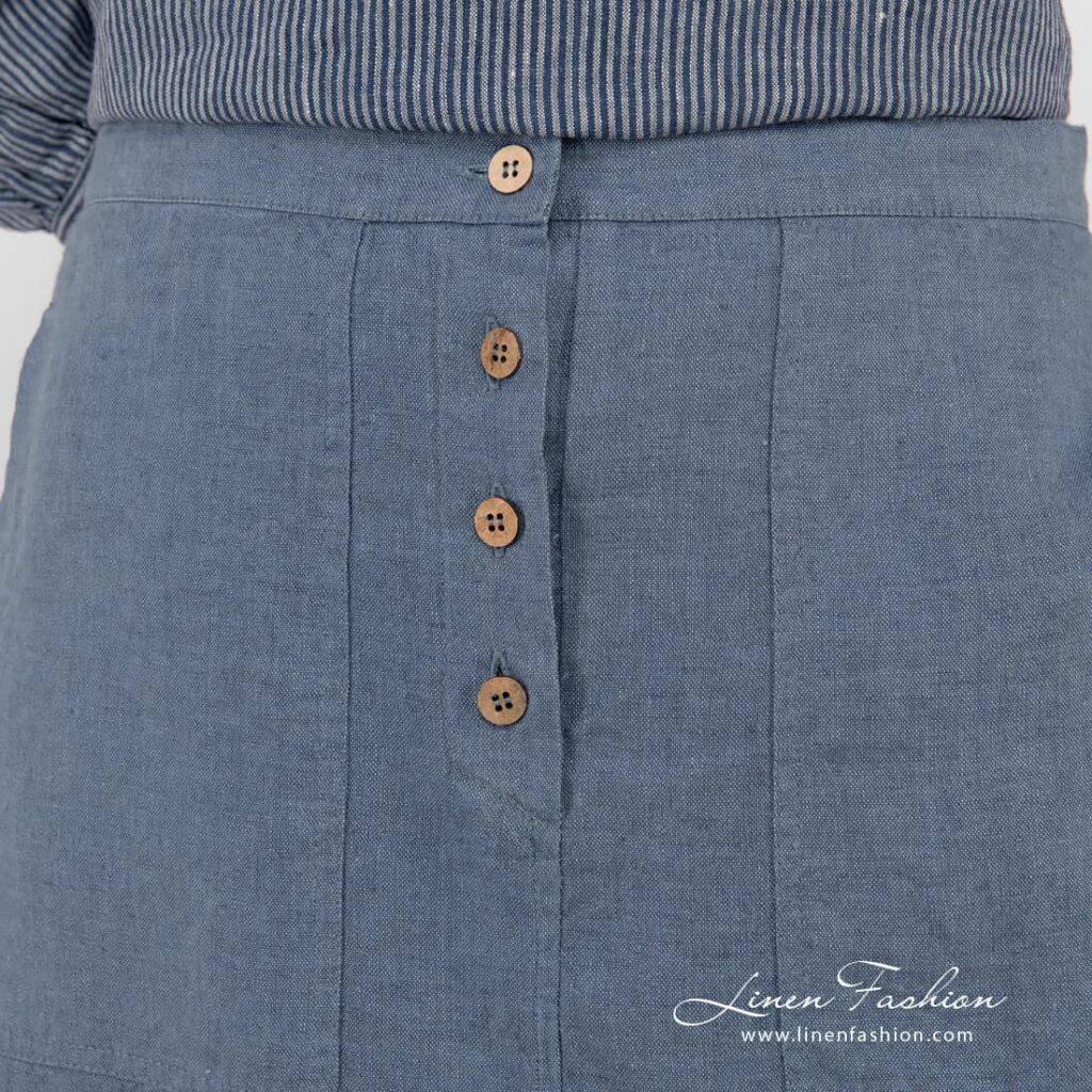blue linen skirt with buttons.