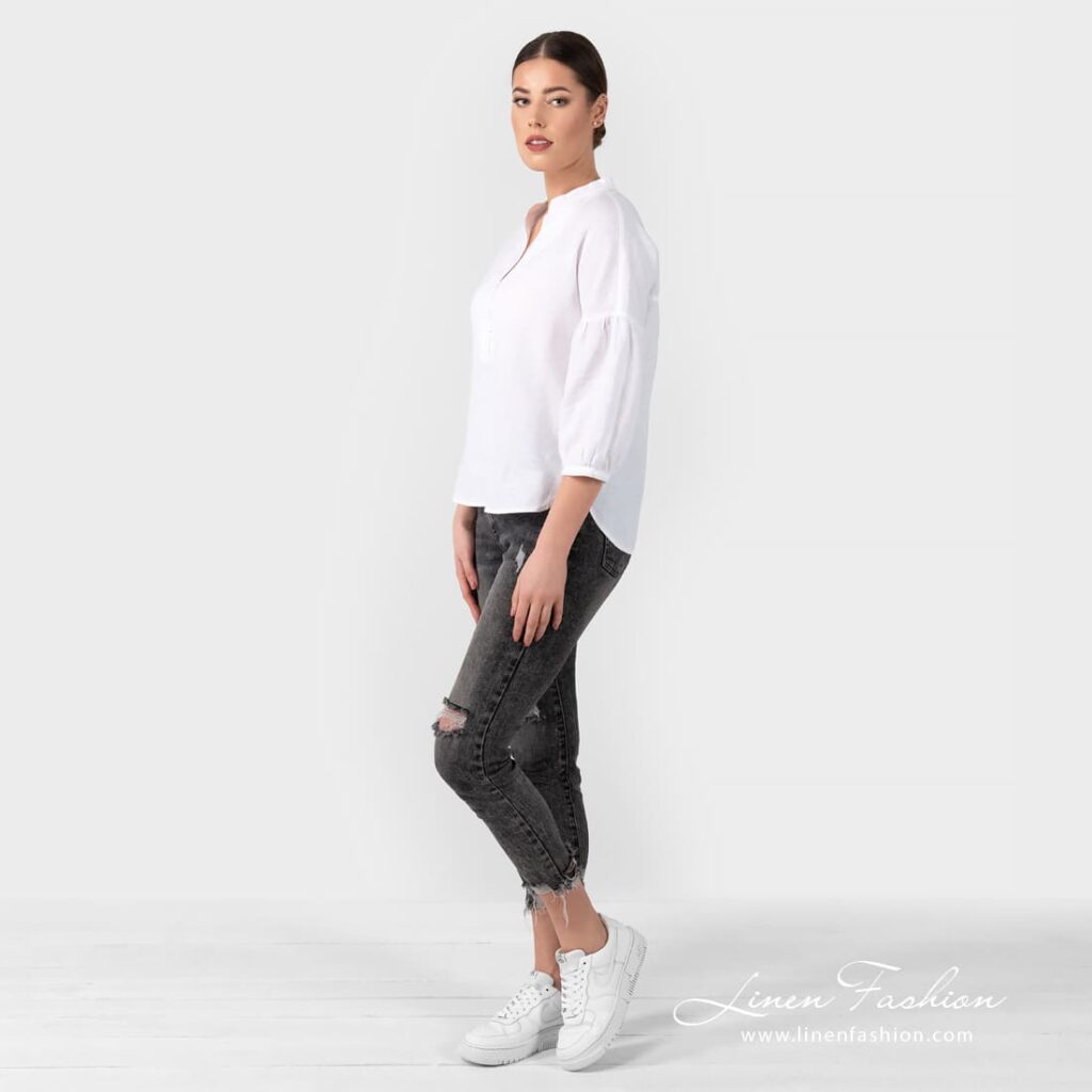 PALMA white linen blouse with balloon sleeves