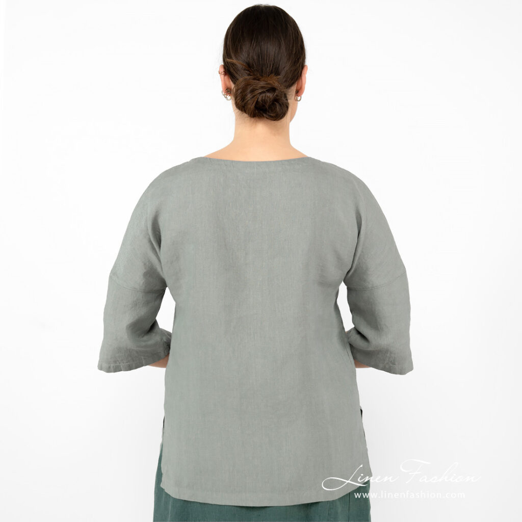 linen green blouse with sleeves from backside.