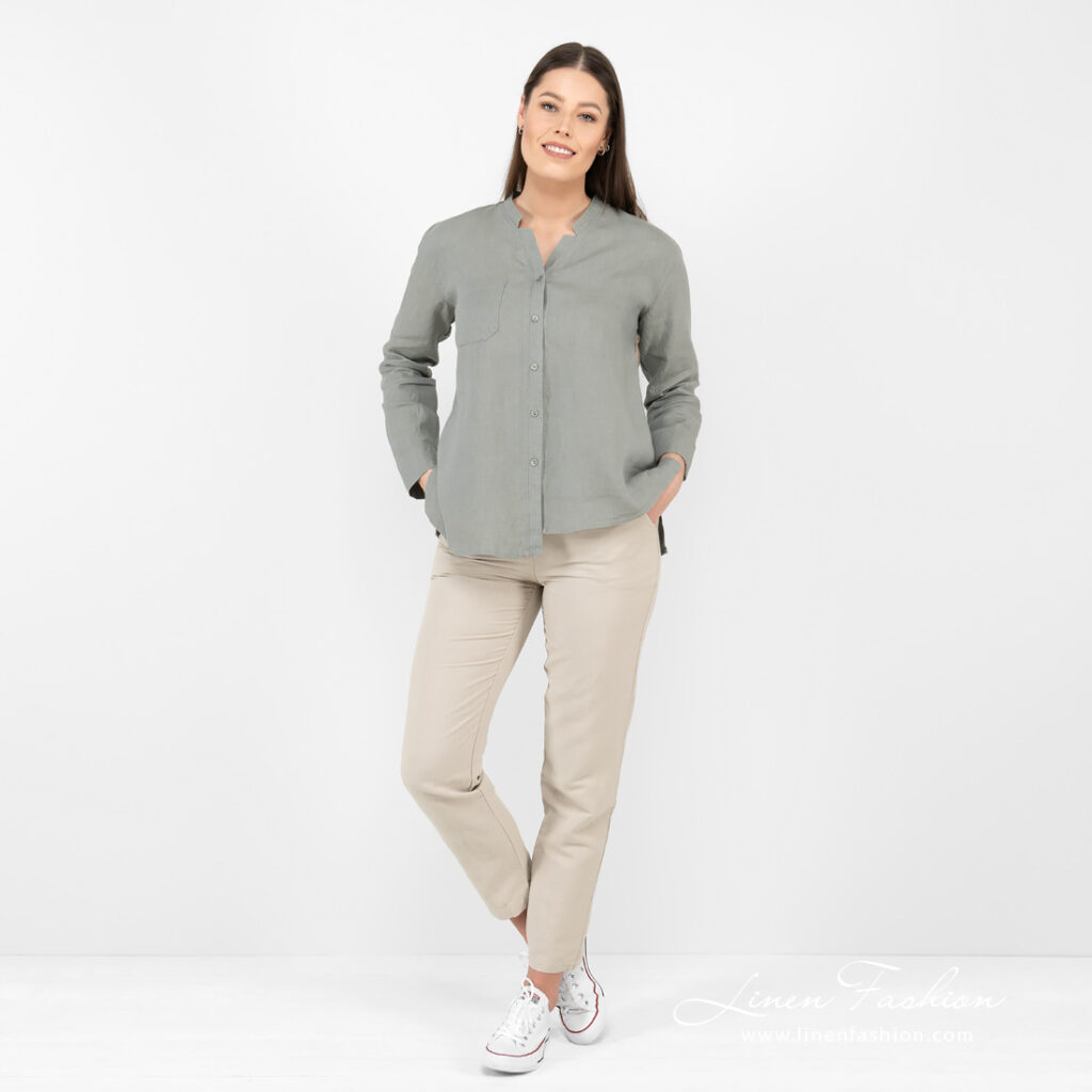 green linen blouse full view.