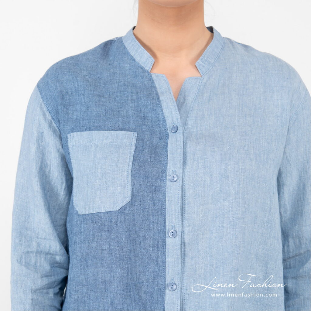 linen blue blouse with button closure, pocket.