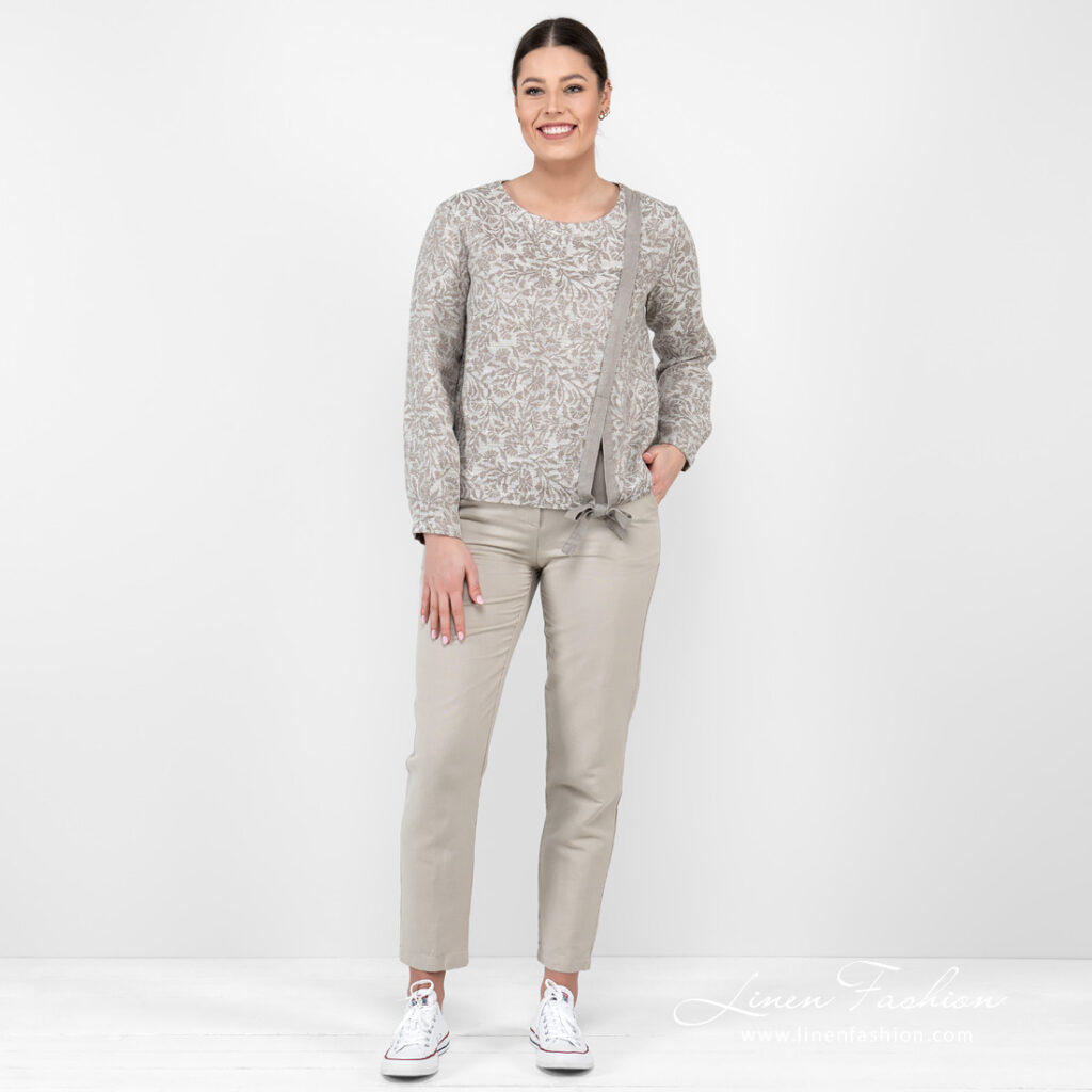 linen cotton beige jacquard blouse full view.
