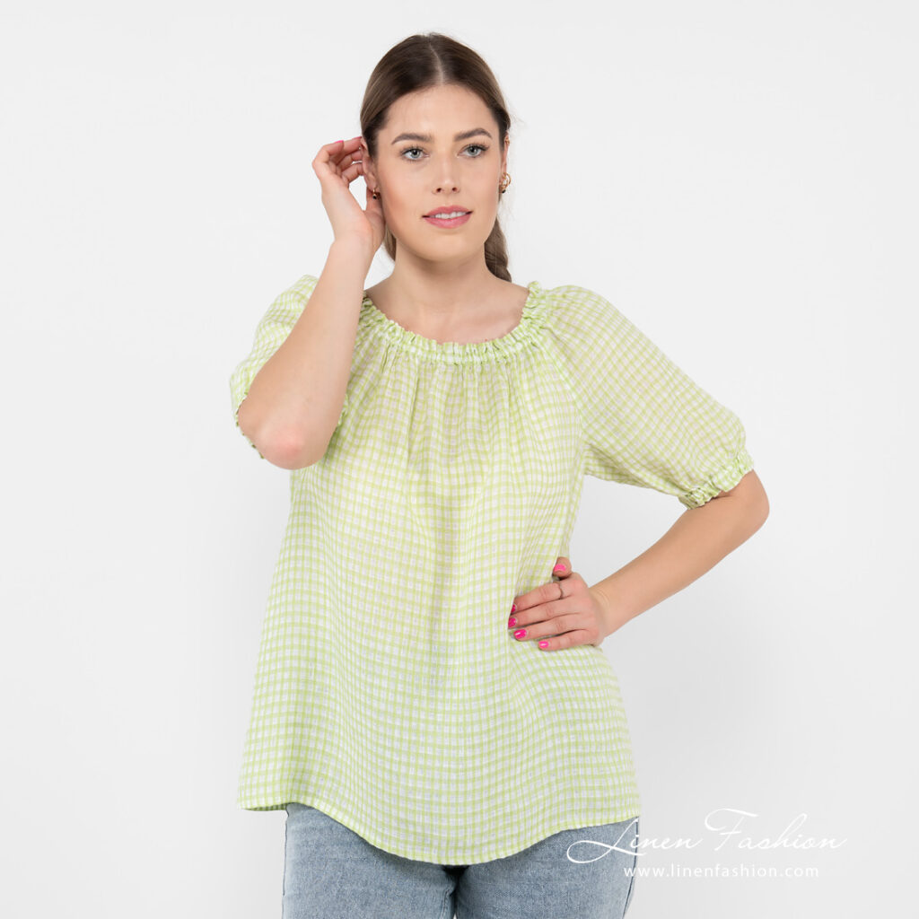 linen checked blouse, rounded neck.
