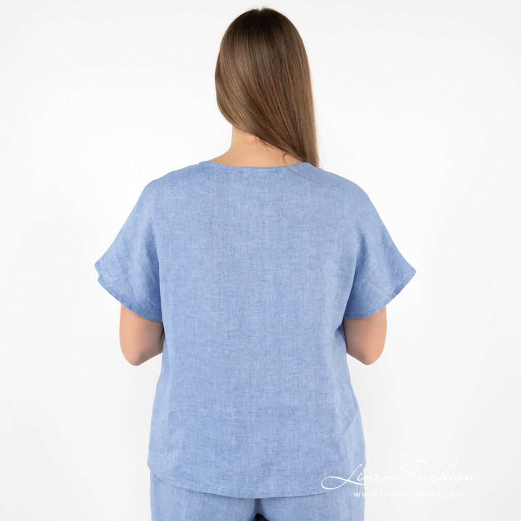 linen blue blouse, from backside.