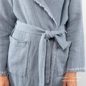 Blue womens bathrobe in linen-cotton.