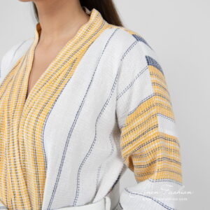 striped bathrobe linen cotton, yellow blue stripes.