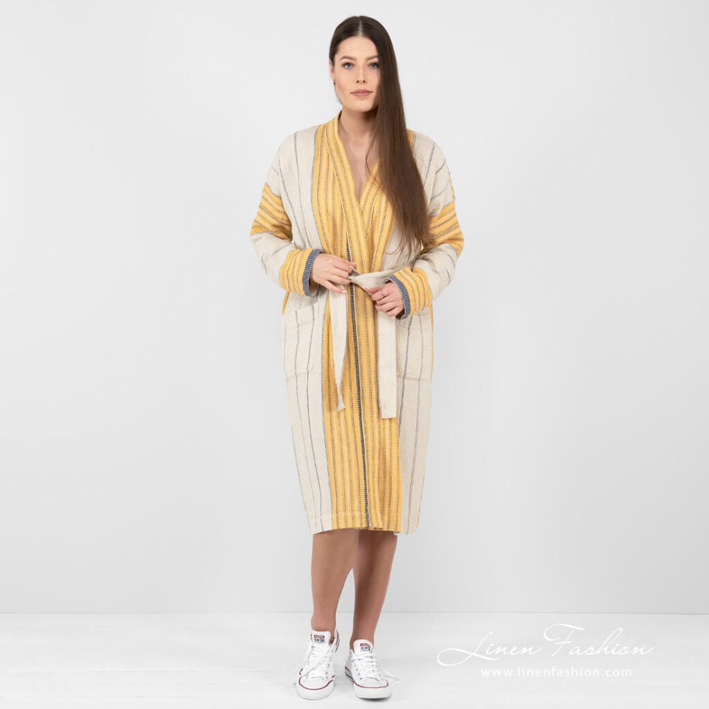 linen cotton beige striped bathrobe.