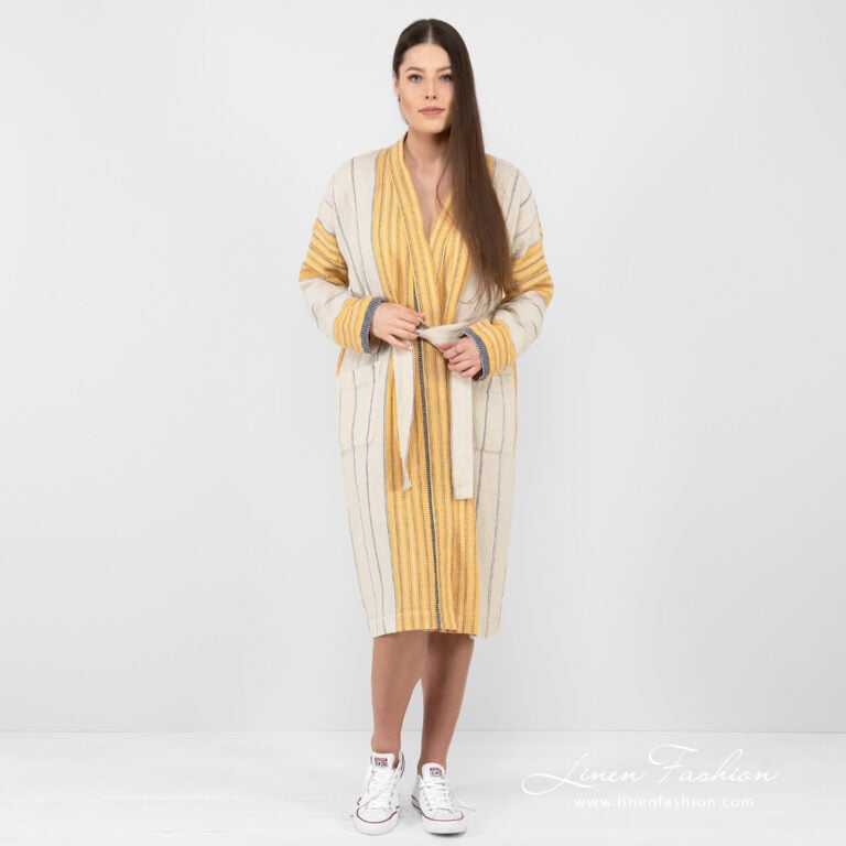linen cotton beige striped bathrobe.