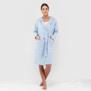 AIRA blue linen cotton bathrobe with hoodie full size