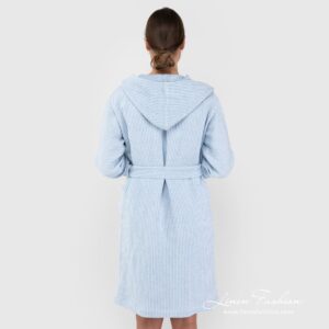 AIRA blue linen cotton bathrobe with hoodie from back side