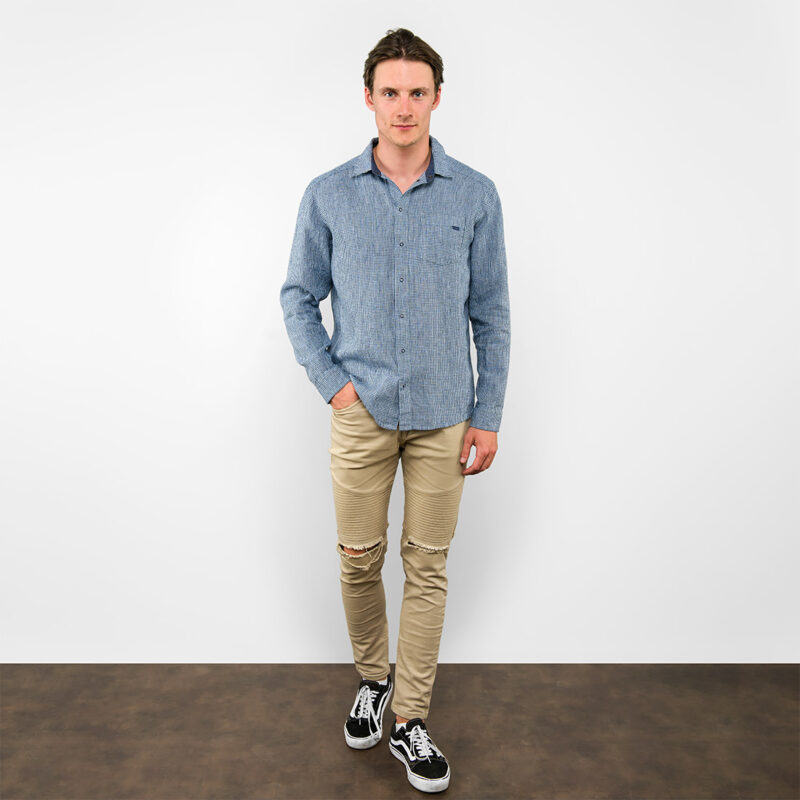 Checked blue linen men's shirt, full view