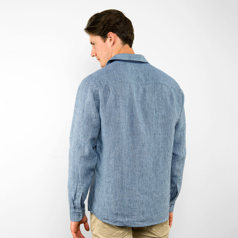 Checked blue linen men's shirt, backside