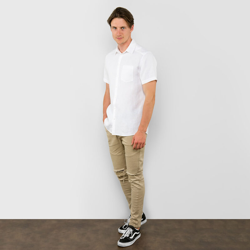 Optical white linen men's shirt, full view