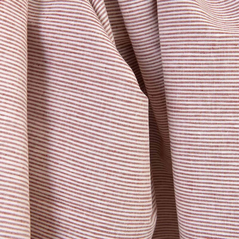 Linen cotton fabric small white and red stripes, unwashed