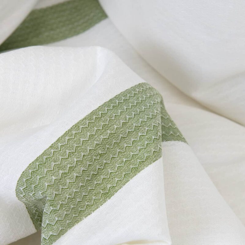 Linen cotton fabric white with green stripe herringbone