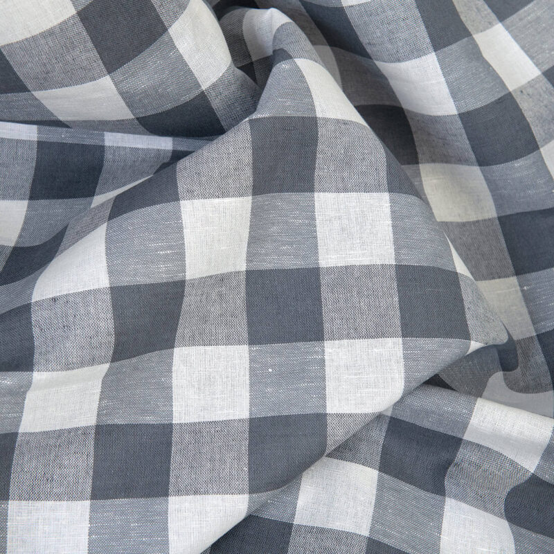 Linen cotton fabric white and grey checks, unwashed