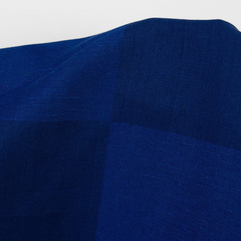Linen cotton fabric dark blue satin large checks, satin weave
